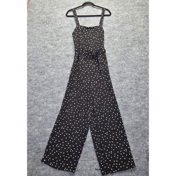 Pants - Row A Jumpsuit Womens XL Black White Polka Dot Wide Leg Belted Sleeveless Crepe